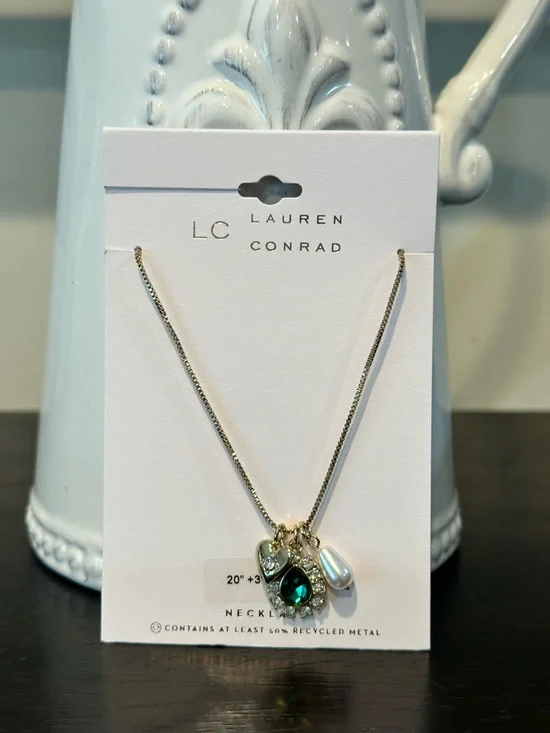 LC Lauren Conrad Gold Necklace with Emerald Teardrop, Pearl and Heart Charms - Picture 3 of 3